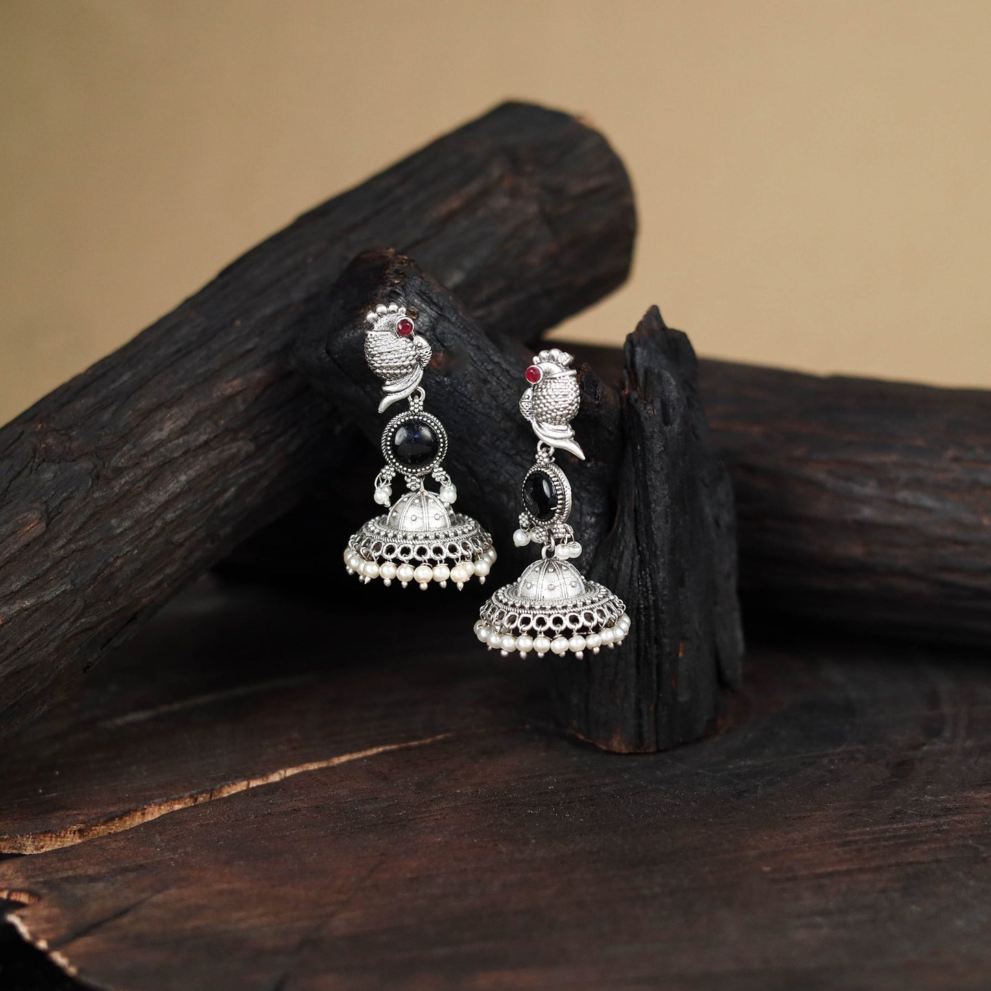 Black - antique silver finish oxidised stone work jhumka