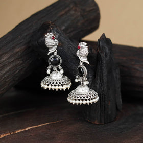 Black - antique silver finish oxidised stone work jhumka