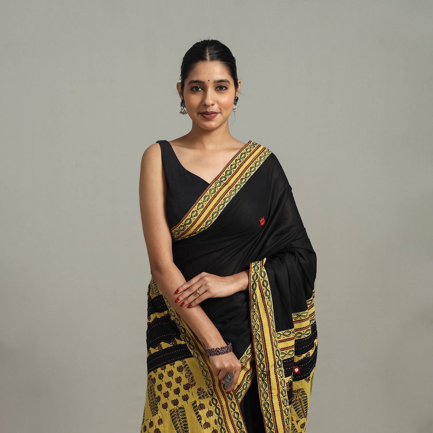 Black - applique patchwork mul cotton tagai saree 01