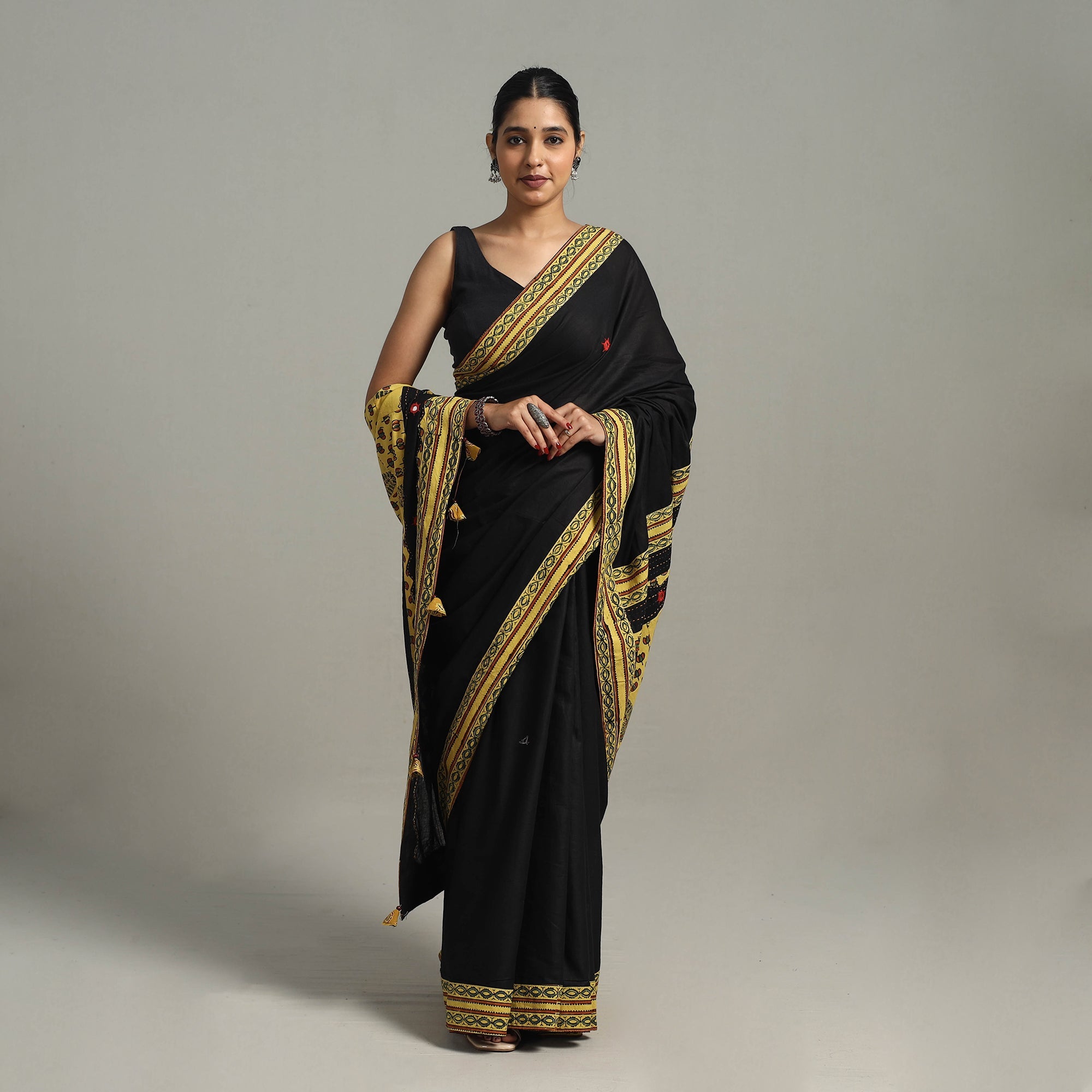 Black - applique patchwork mul cotton tagai saree 01
