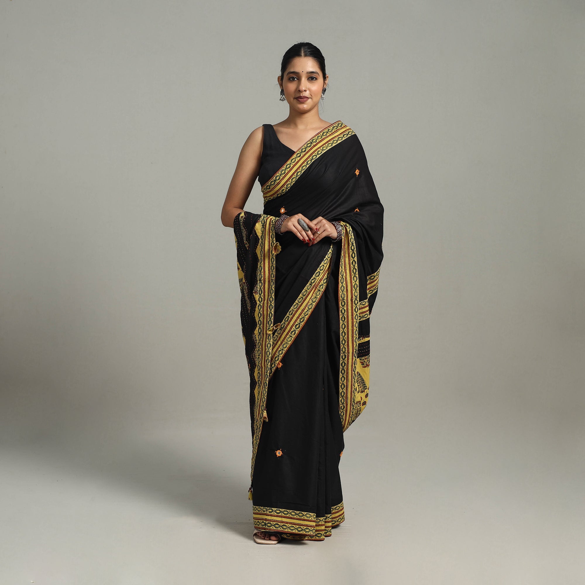 Black - applique patchwork mul cotton tagai saree 05