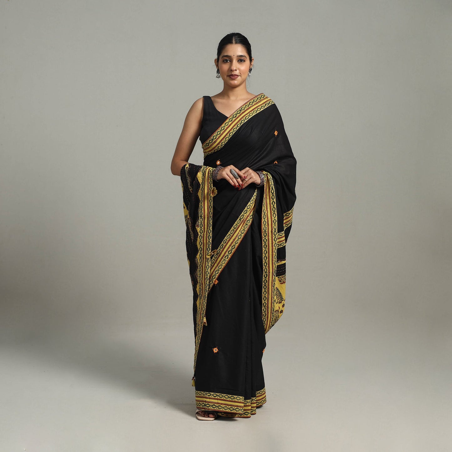 Black - applique patchwork mul cotton tagai saree 05