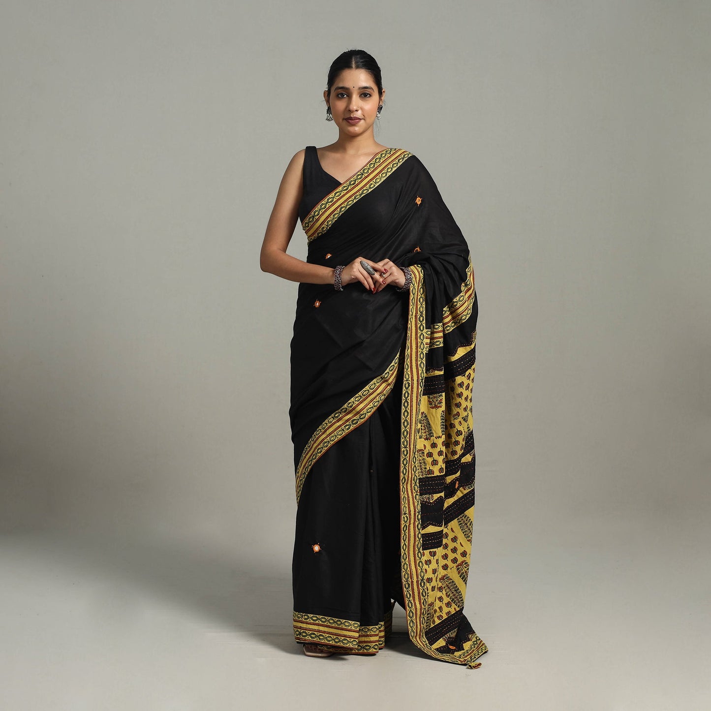 Black - applique patchwork mul cotton tagai saree 05
