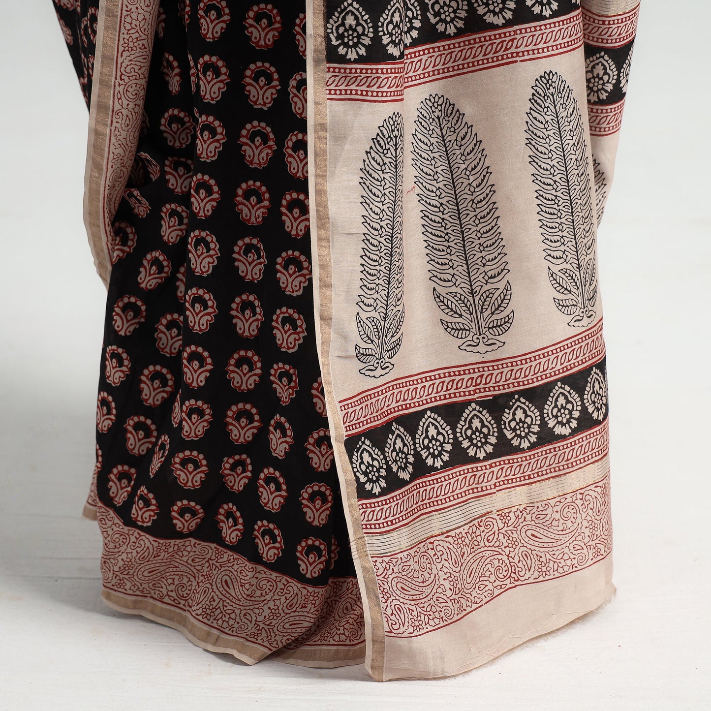 Black Bagh Hand Block Printed Natural Dyed Chanderi Silk Saree 
