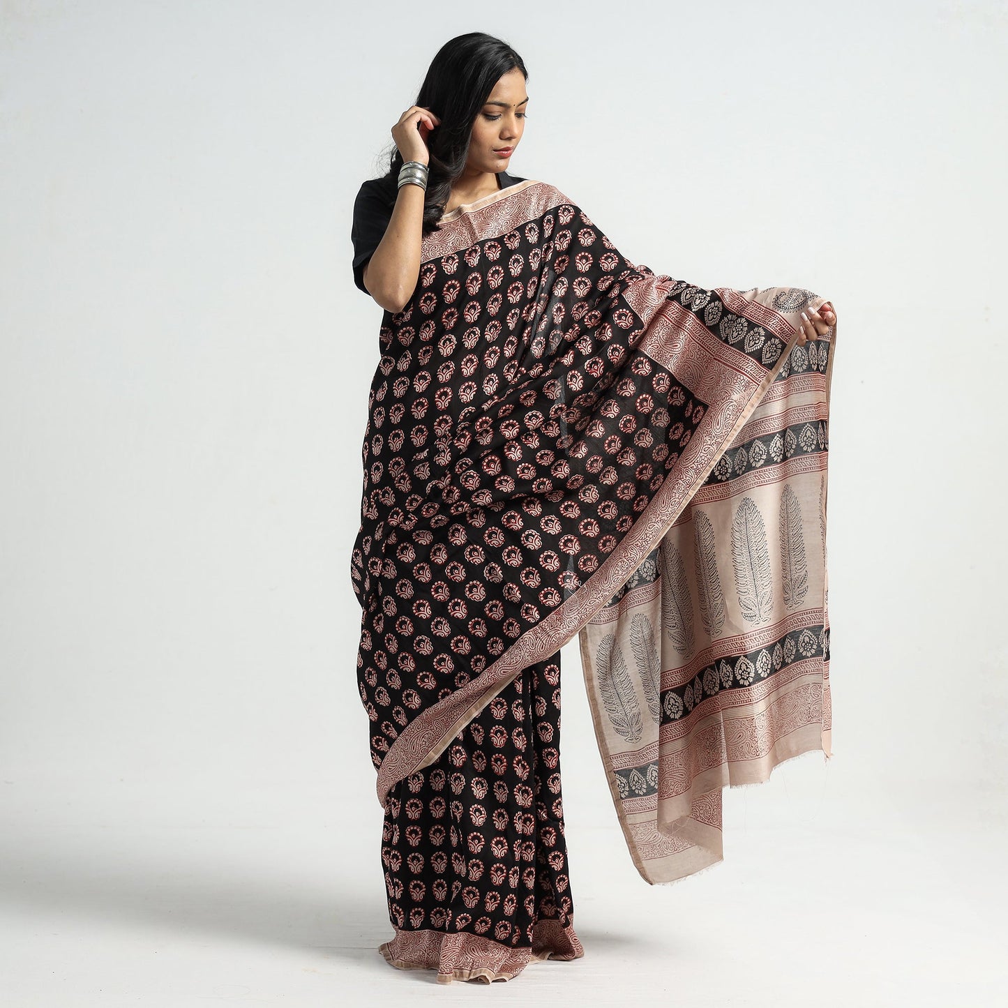 Black Bagh Hand Block Printed Natural Dyed Chanderi Silk Saree 