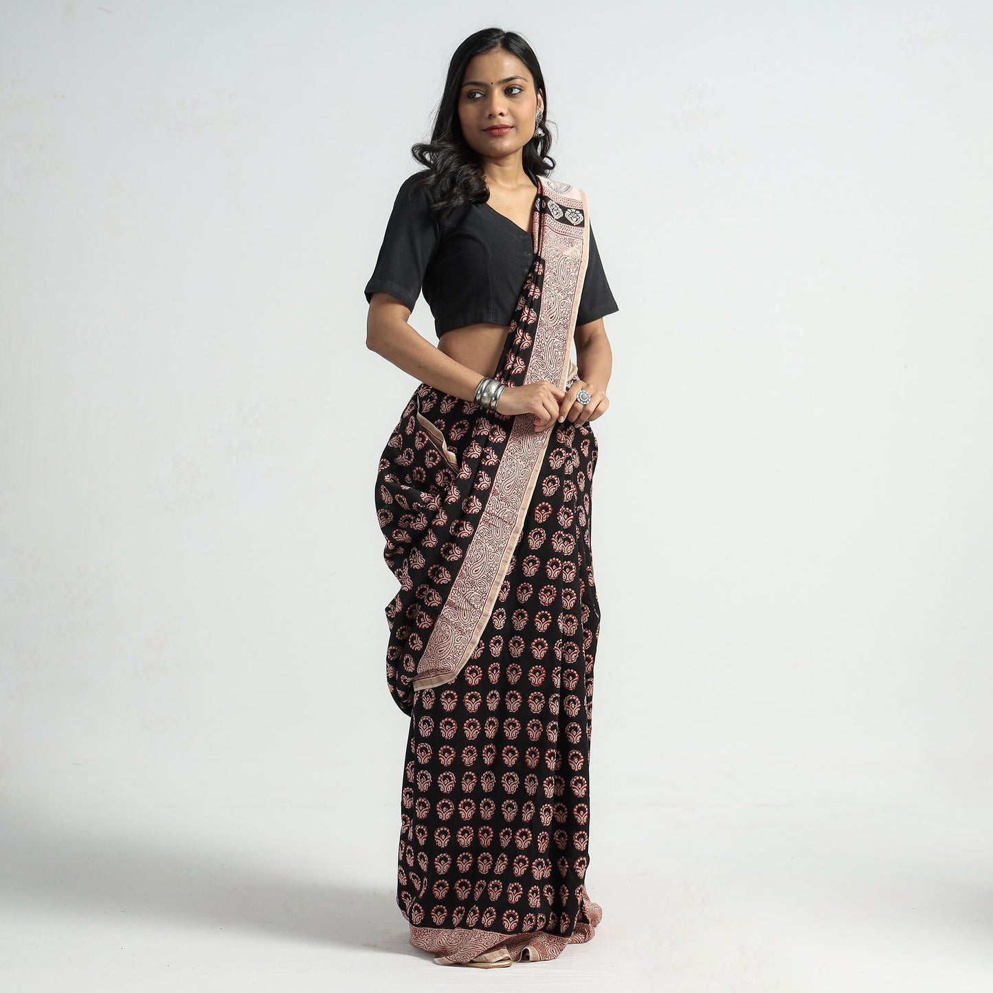 Black Bagh Hand Block Printed Natural Dyed Chanderi Silk Saree 