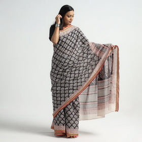 Black Bagh Hand Block Printed Natural Dyed Cotton Saree with Zari Border 