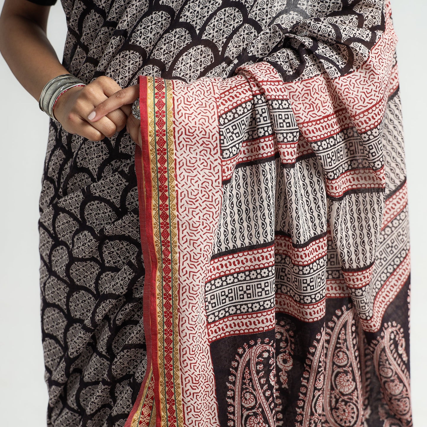 Black Bagh Hand Block Printed Natural Dyed Cotton Saree with Zari Border 