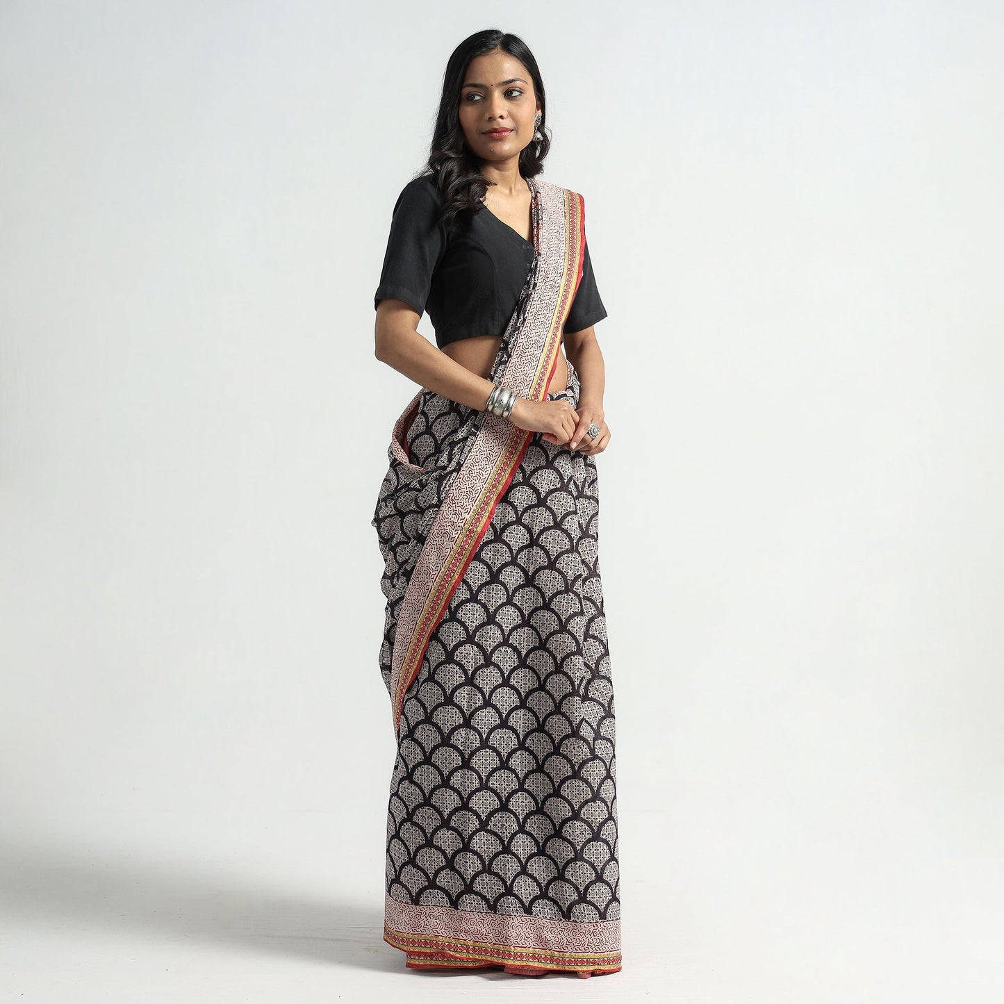 Black Bagh Hand Block Printed Natural Dyed Cotton Saree with Zari Border 