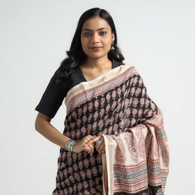 Black Bagh Hand Block Printed Natural Dyed Maheshwari Silk Saree 