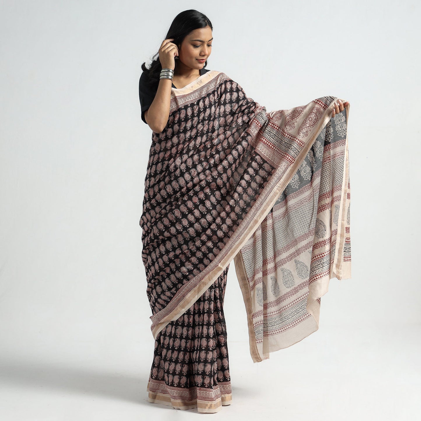 Black Bagh Hand Block Printed Natural Dyed Maheshwari Silk Saree 