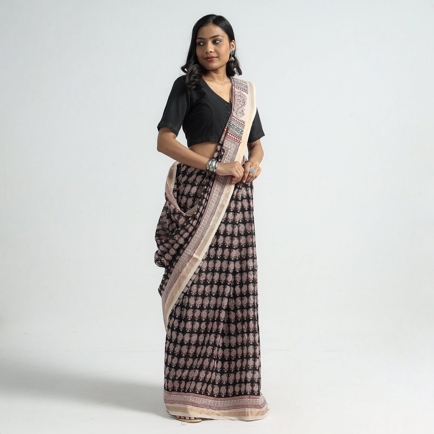 Black Bagh Hand Block Printed Natural Dyed Maheshwari Silk Saree 