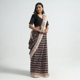 Black Bagh Hand Block Printed Natural Dyed Maheshwari Silk Saree 