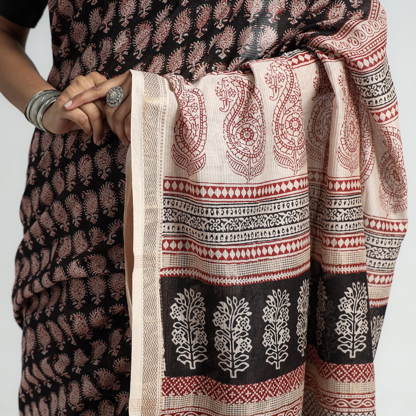 Black Bagh Hand Block Printed Natural Dyed Maheshwari Silk Saree 