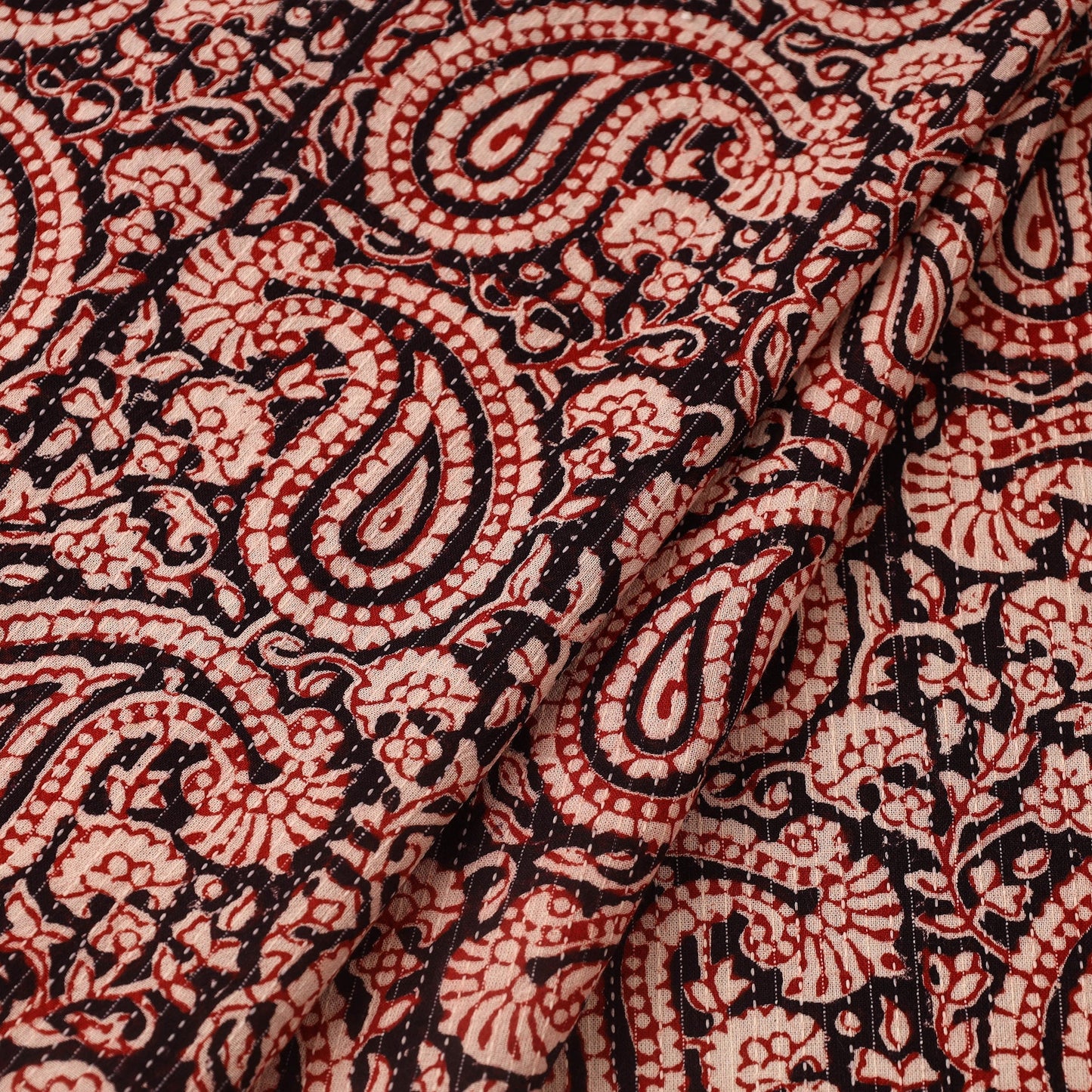Red Bagh Block Print Kantha Work Natural Dyed Cotton Fabric