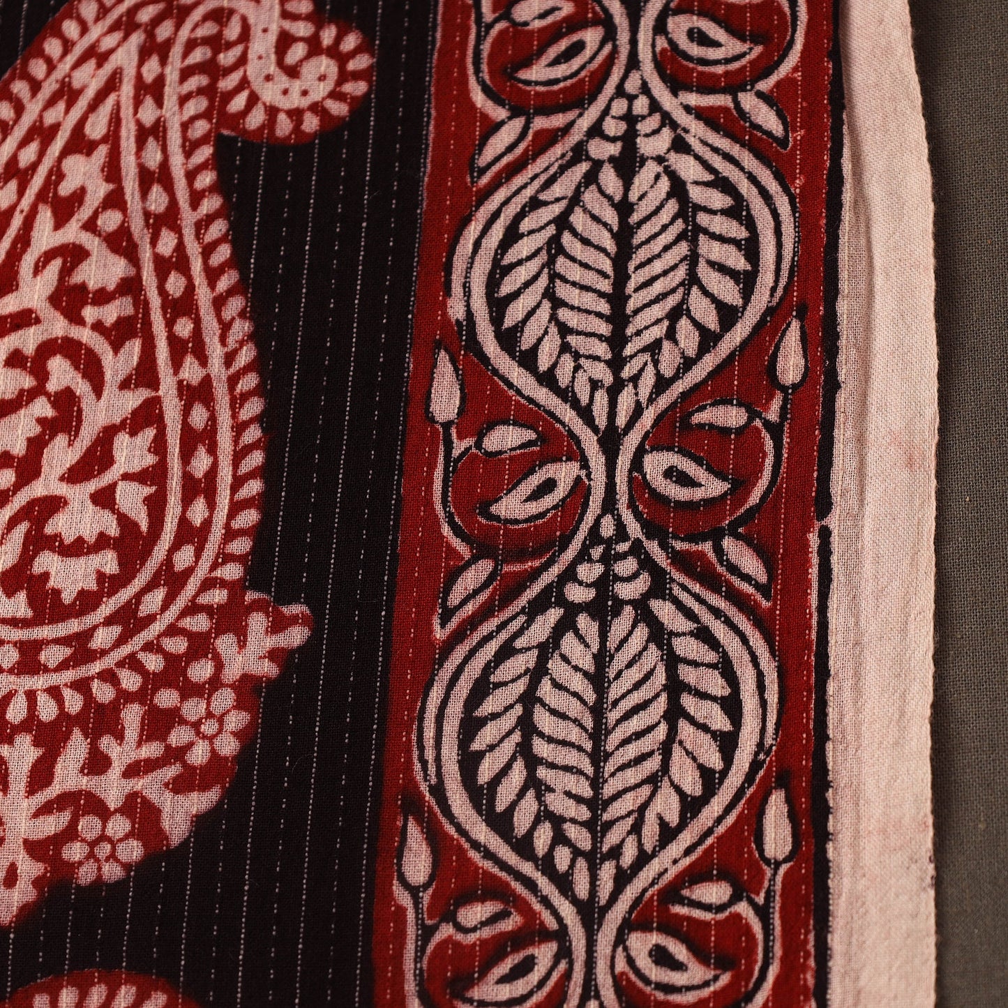 Red Bagh Block Print Kantha Work Natural Dyed Cotton Fabric