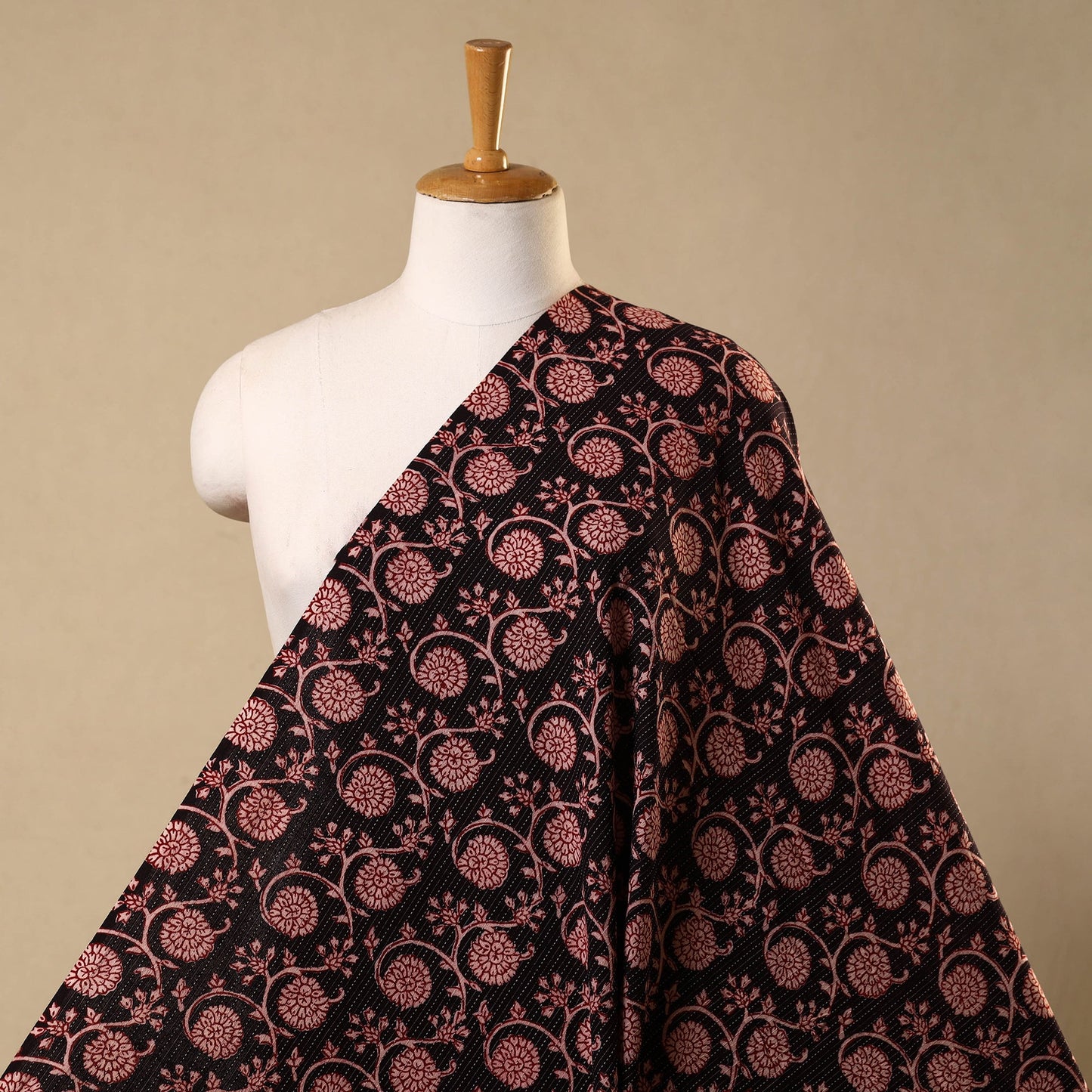 Red Bagh Block Print Kantha Work Natural Dyed Cotton Fabric