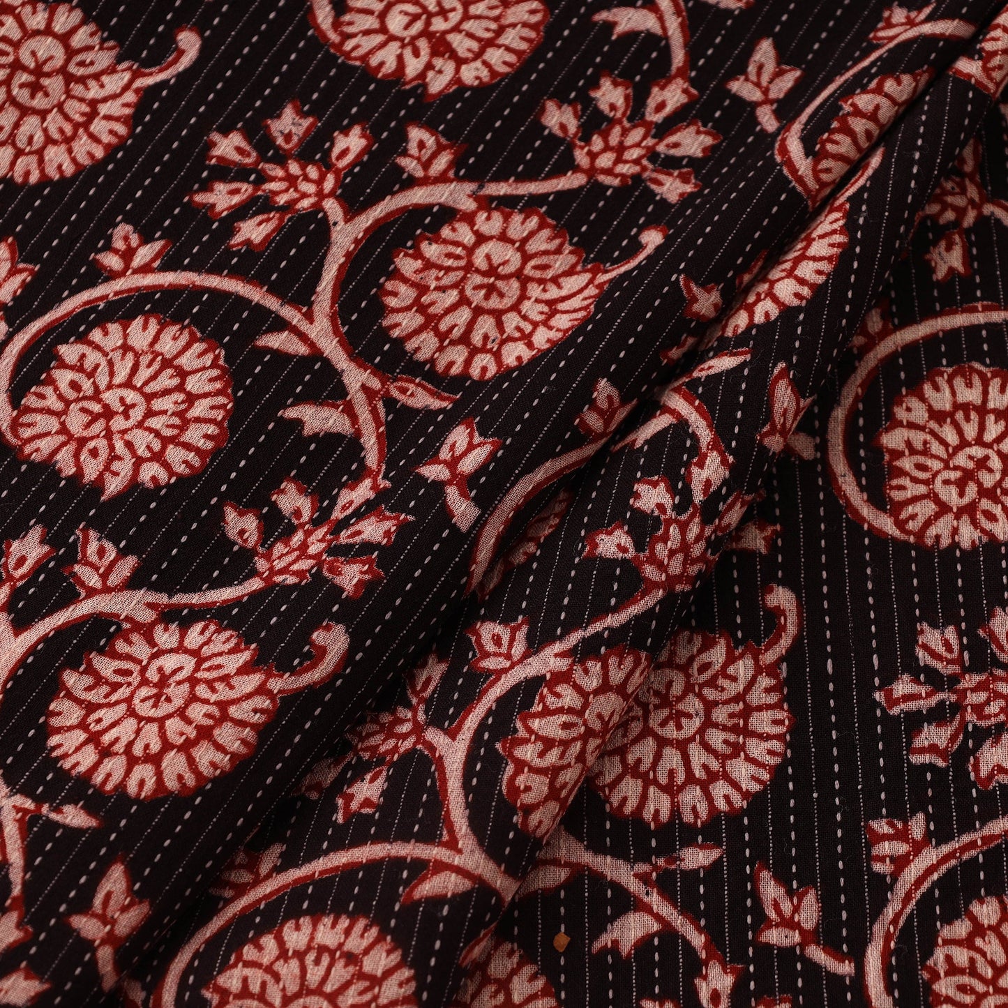 Red Bagh Block Print Kantha Work Natural Dyed Cotton Fabric