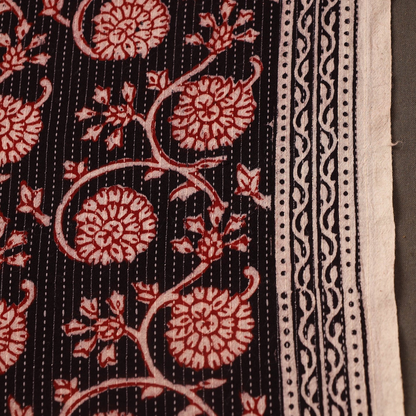 Red Bagh Block Print Kantha Work Natural Dyed Cotton Fabric