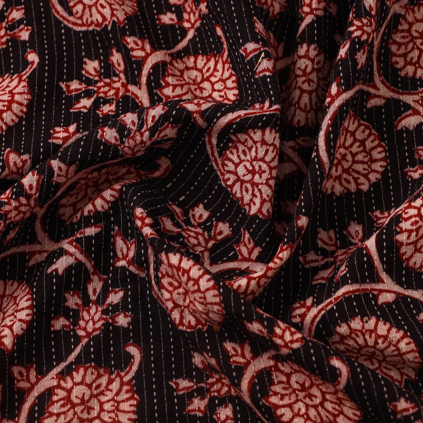 Red Bagh Block Print Kantha Work Natural Dyed Cotton Fabric