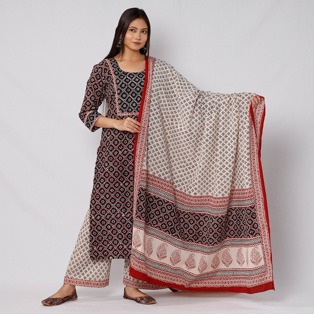 Buy Bagh Block Printed Cotton Long Kurta with Palazzo & Dupatta Set 06 Online l iTokri.com