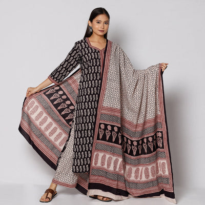  Bagh Block Printed Cotton Kurta with Palazzo & Dupatta Set 
