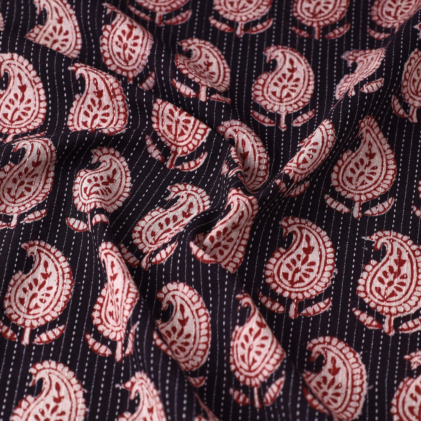 Black - Bagh Block Printed Kantha Style Cotton Fabric 16
