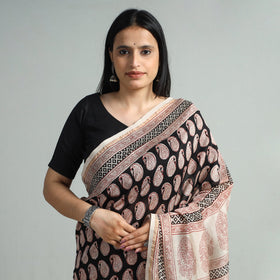 Black Bagh Block Printed Natural Dyed Chanderi Silk Saree