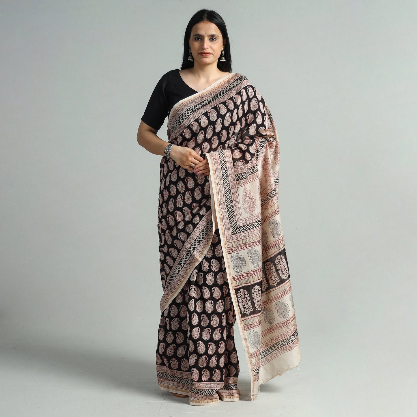 Black Bagh Block Printed Natural Dyed Chanderi Silk Saree