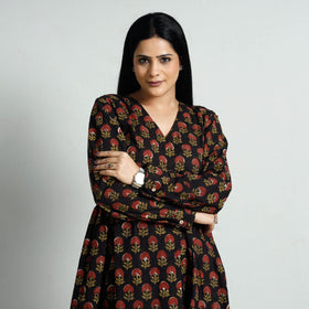 Black - Bagru Block Printed Cotton Flared Dress