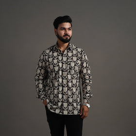 Black Bagru Block Printed Cotton Men Full Sleeve Shirt 