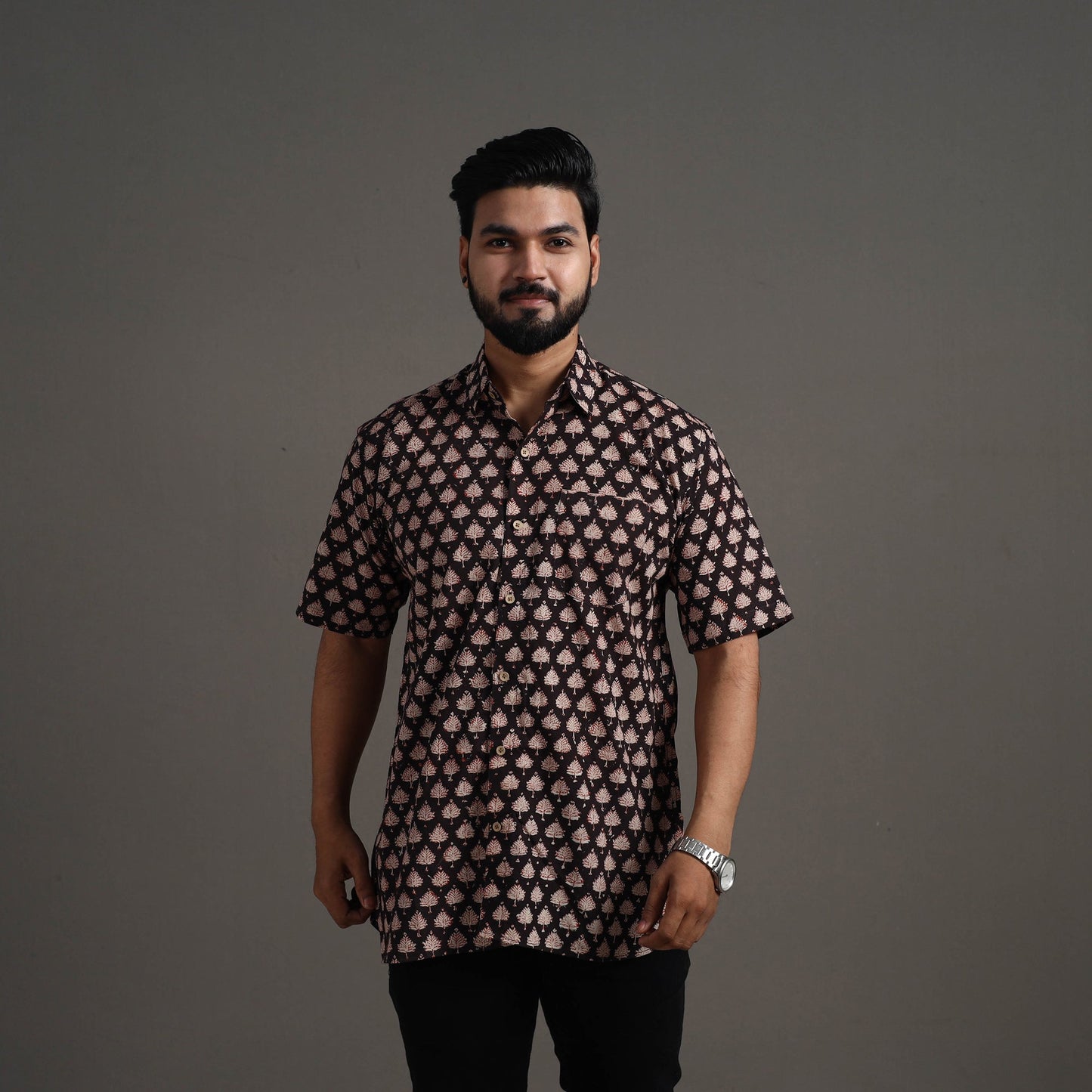 Black Bagru Block Printed Cotton Men Half Sleeve Shirt 
