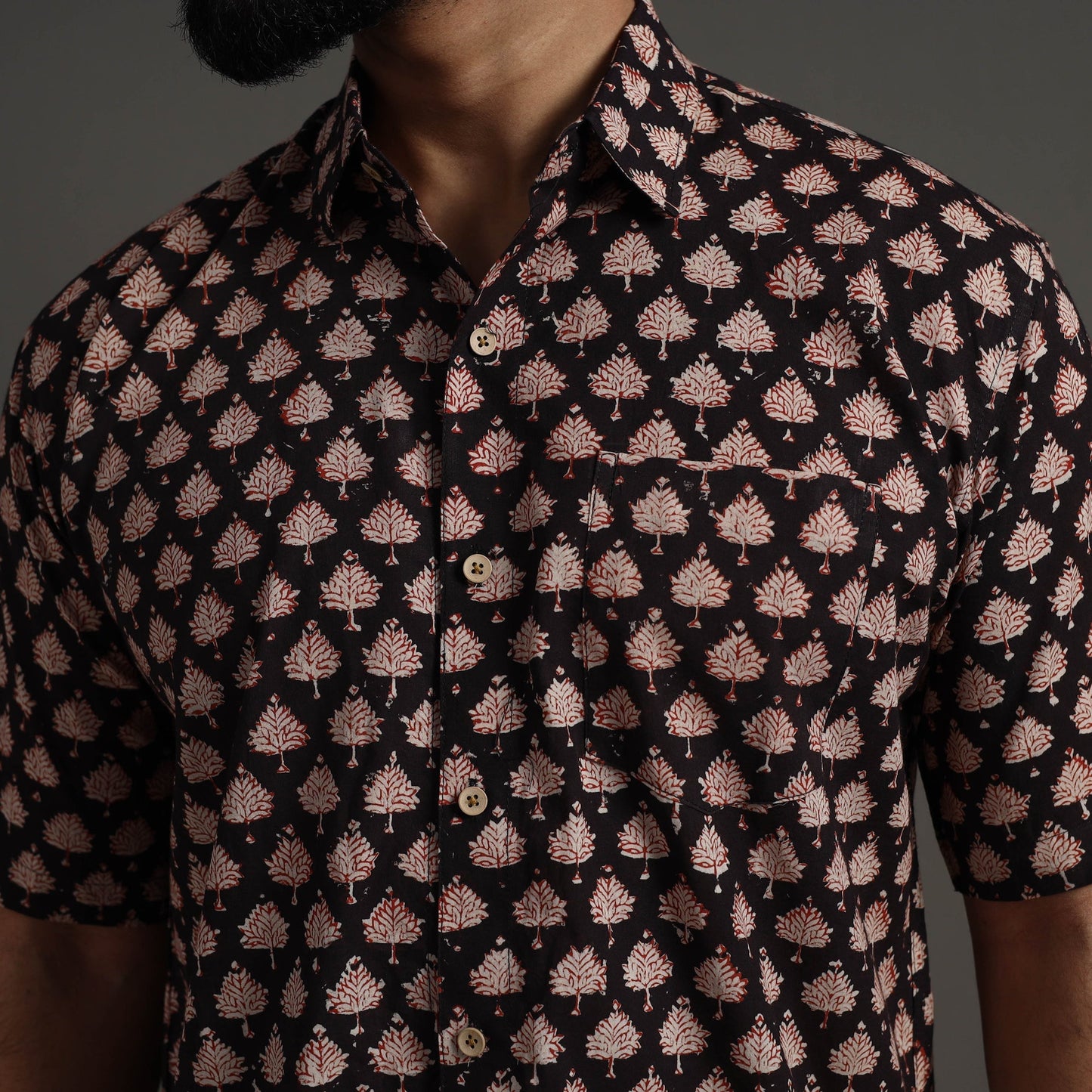 Black Bagru Block Printed Cotton Men Half Sleeve Shirt 