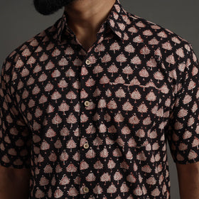 Black Bagru Block Printed Cotton Men Half Sleeve Shirt 