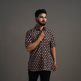 Black Bagru Block Printed Cotton Men Half Sleeve Shirt 