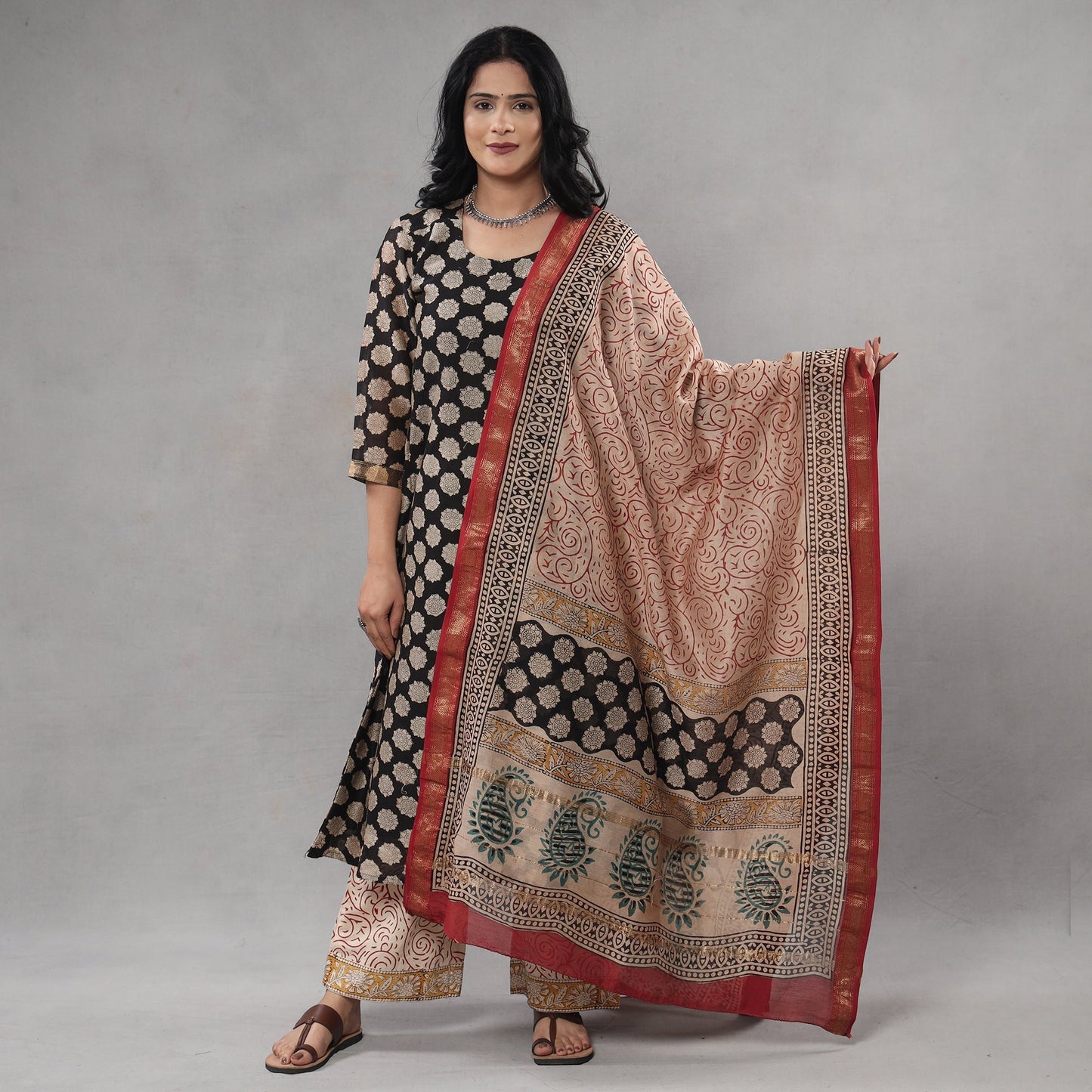 Black - bagru printing maheshwari silk kurta with palazzo &