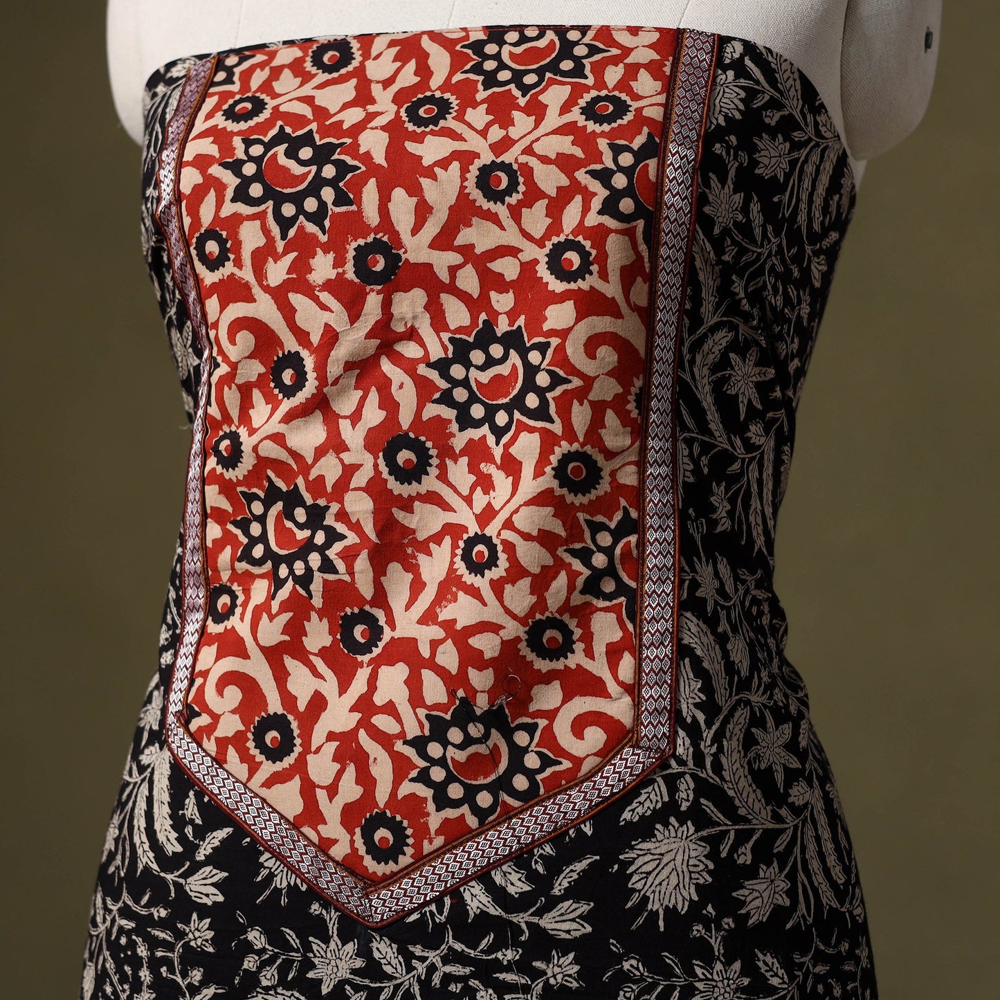 Black Bagru Print Cotton Unstitched Kurta Material