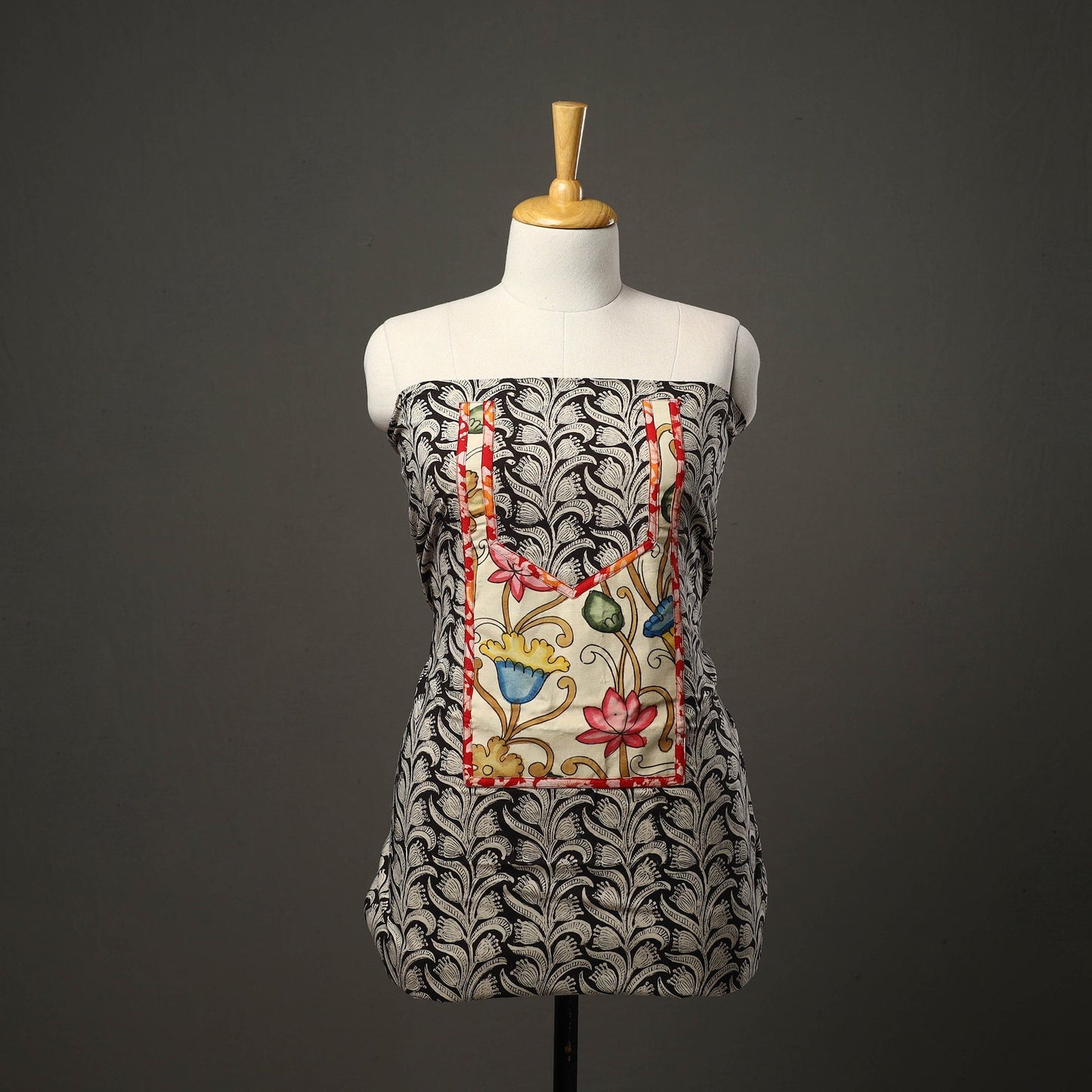 Black - Bagru Print Cotton Kurta Material with Patchwork (3m) 01