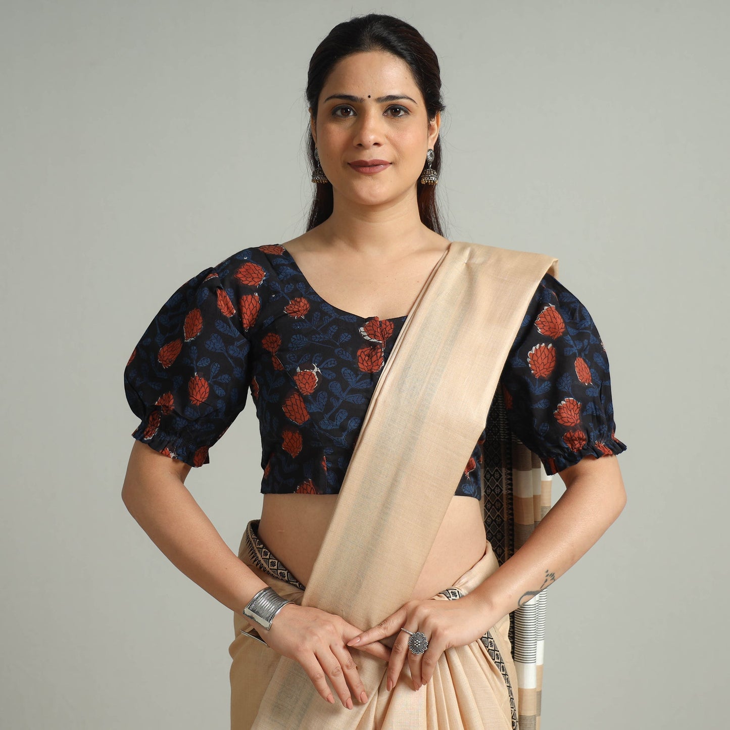 Black - Bagru Dabu Block Printed Cotton Stitched Blouse 05