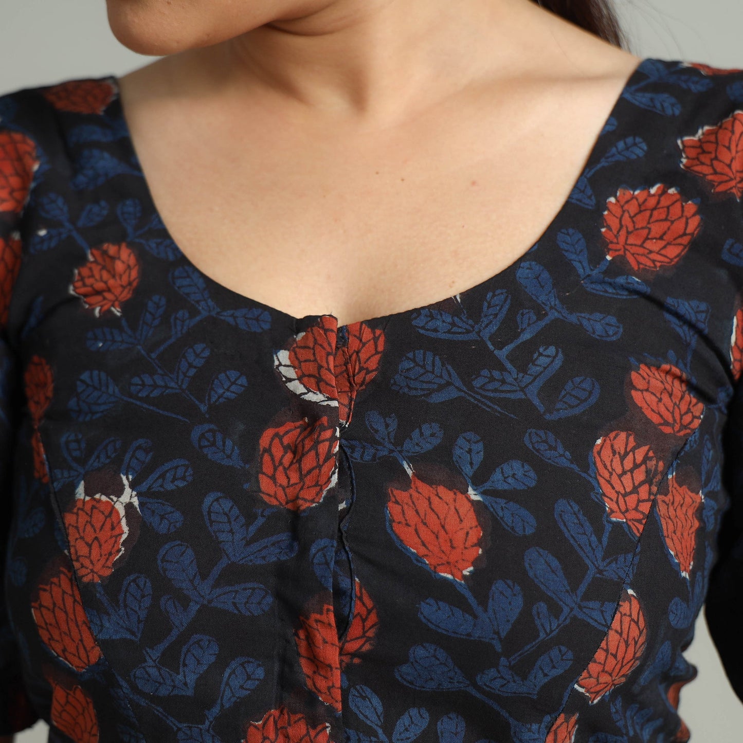 Black - Bagru Dabu Block Printed Cotton Stitched Blouse 05