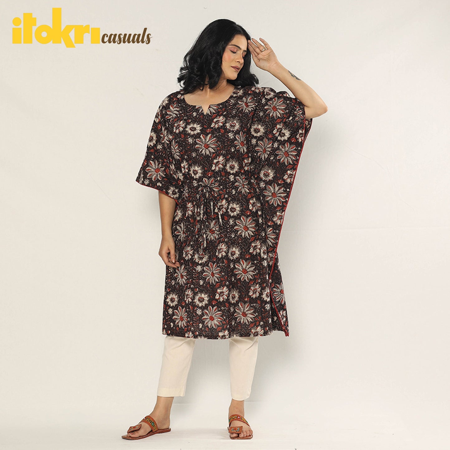 Buy Bagru Dabu Block Print Cotton Kaftan Dress