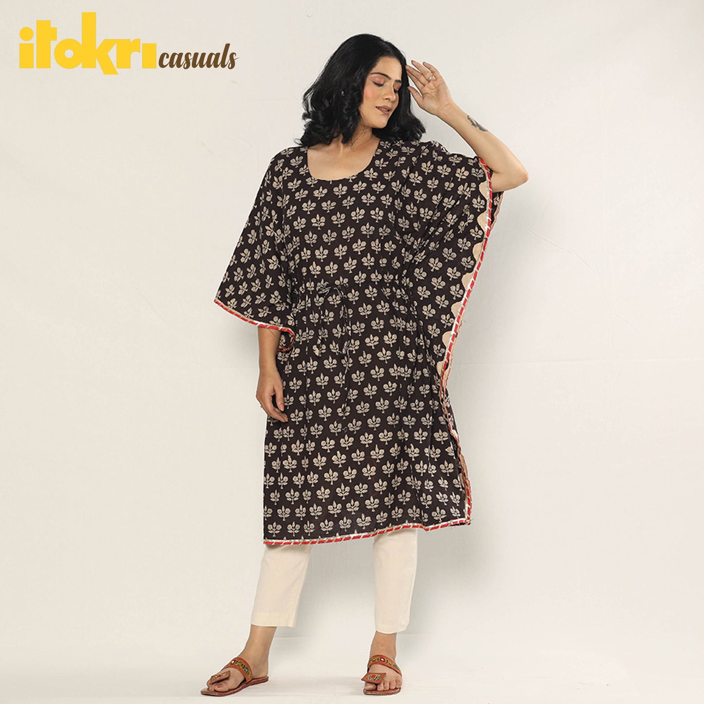 Buy Bagru Dabu Block Print Cotton Kaftan Dress