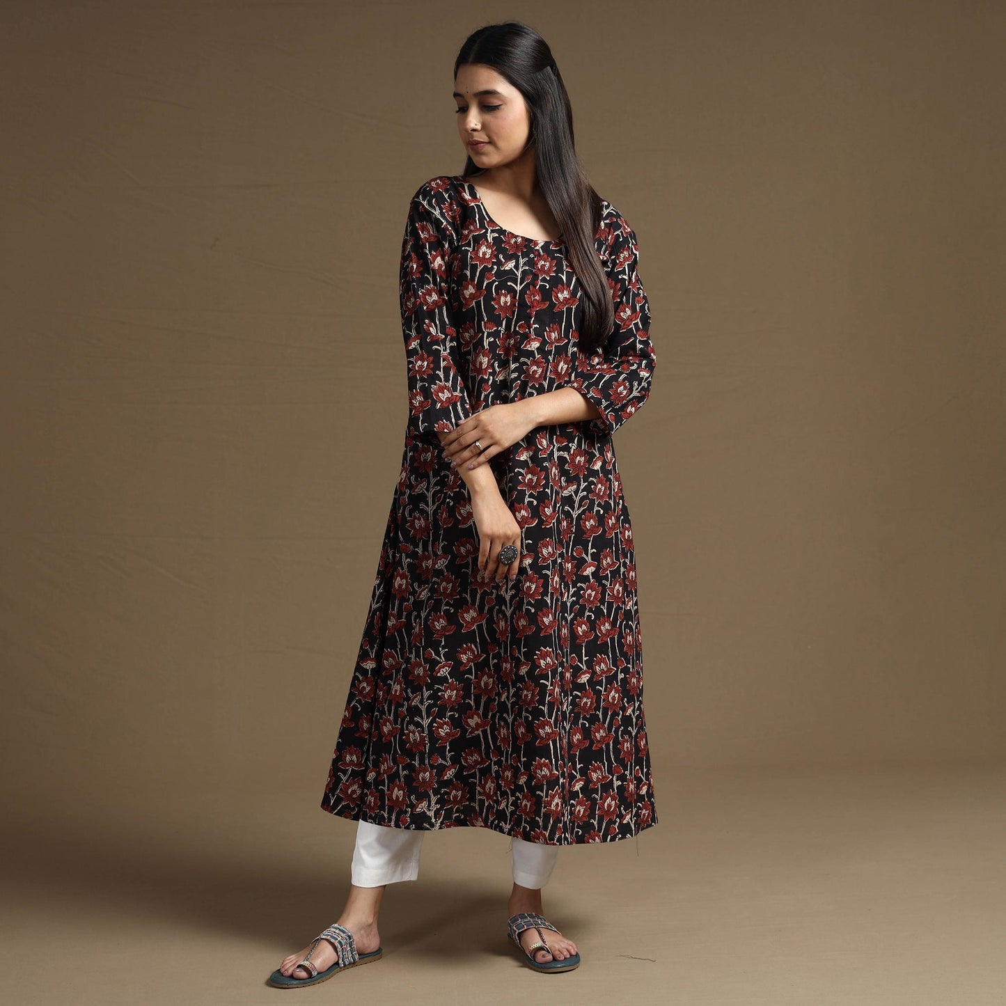  Bagru Hand Block Printed Cotton Long Kurta for Women