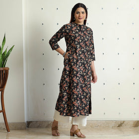 Black - Bagru Hand Block Printed Cotton A-Line Long Kurta