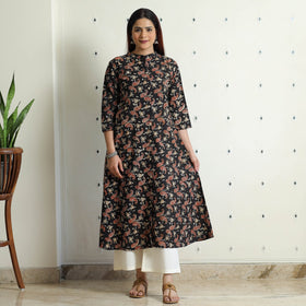 Black - Bagru Hand Block Printed Cotton A-Line Long Kurta