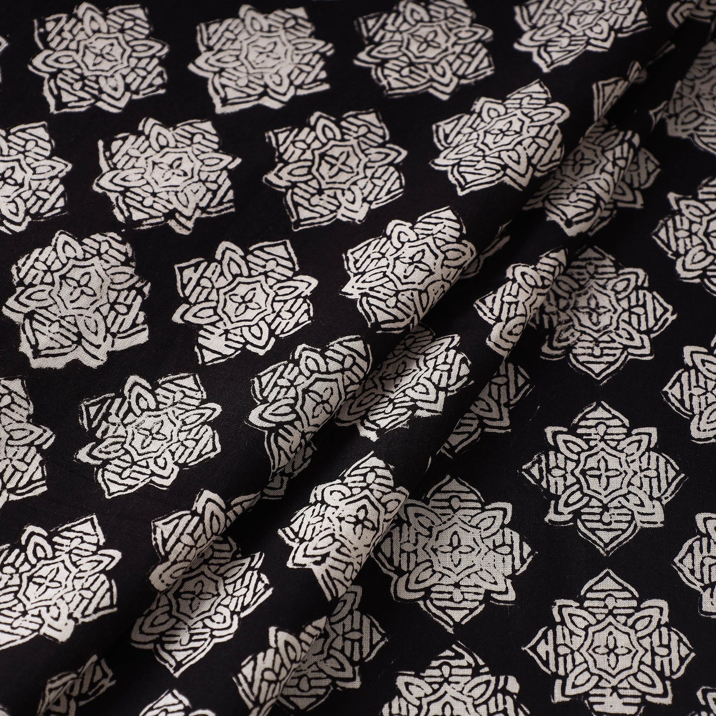 Black Bagru Block Print Natural Dyed Cotton Fabric