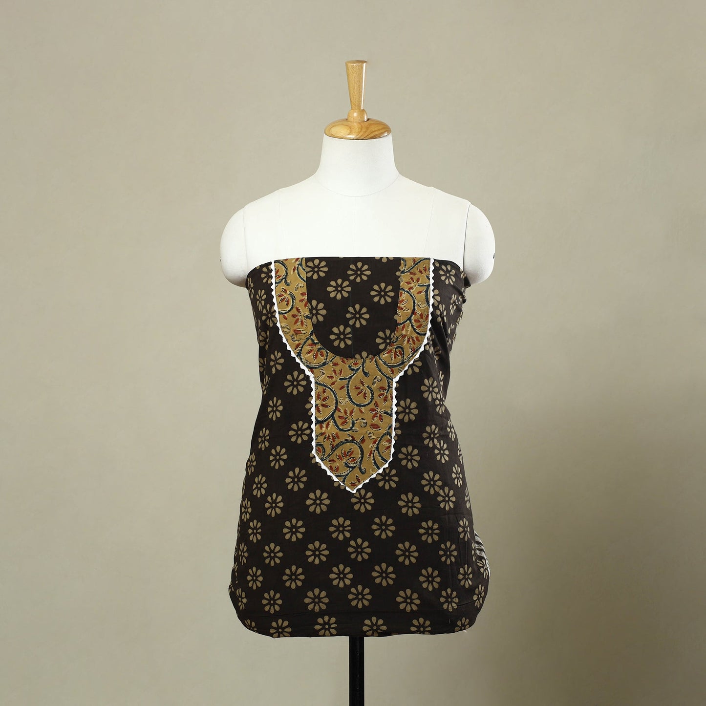 Buy Black Bagru Print Patchwork Cotton Kurta Material