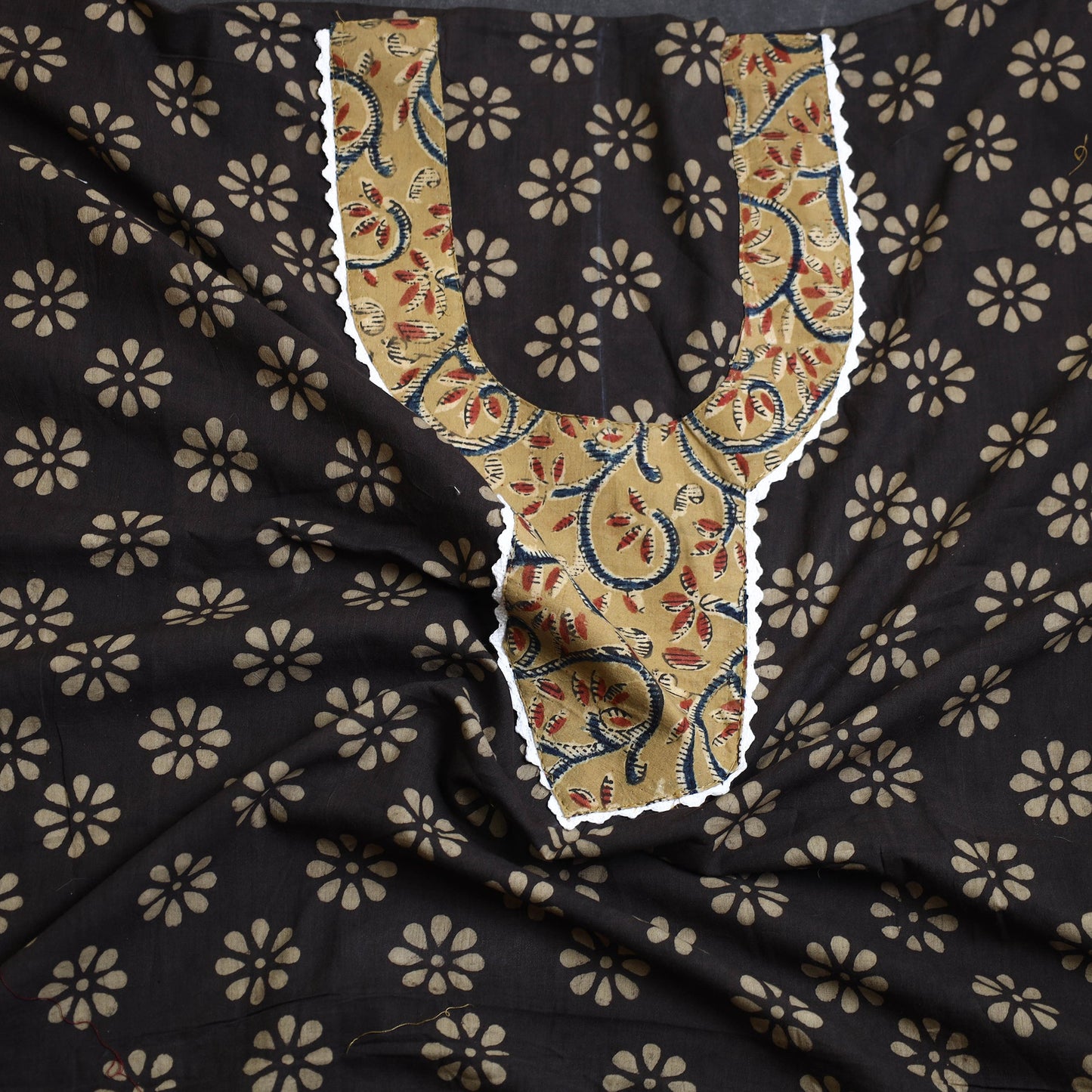 Buy Black Bagru Print Patchwork Cotton Kurta Material