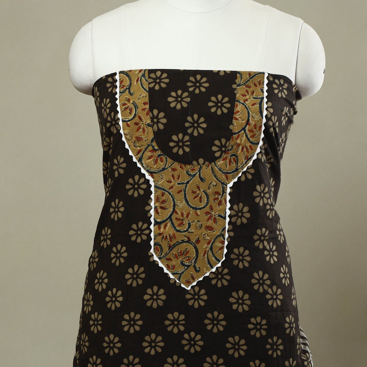 Buy Black Bagru Print Patchwork Cotton Kurta Material