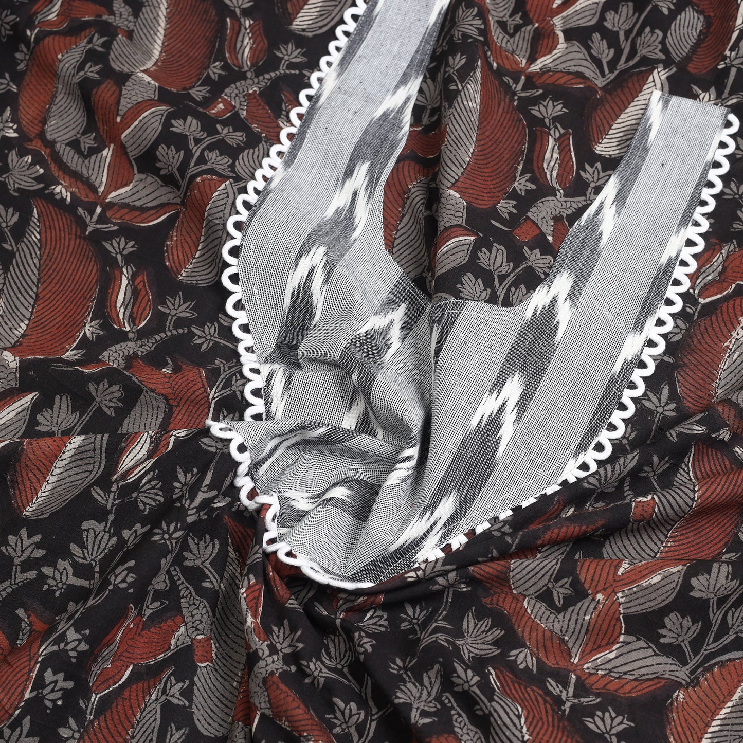 Buy Black Bagru Print Patchwork Cotton Kurta Material